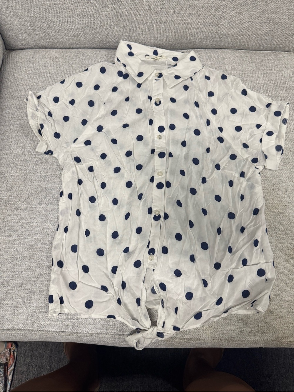 bleuh ciel White Short-Sleeve Button-Up Top with Navy Polka Dots